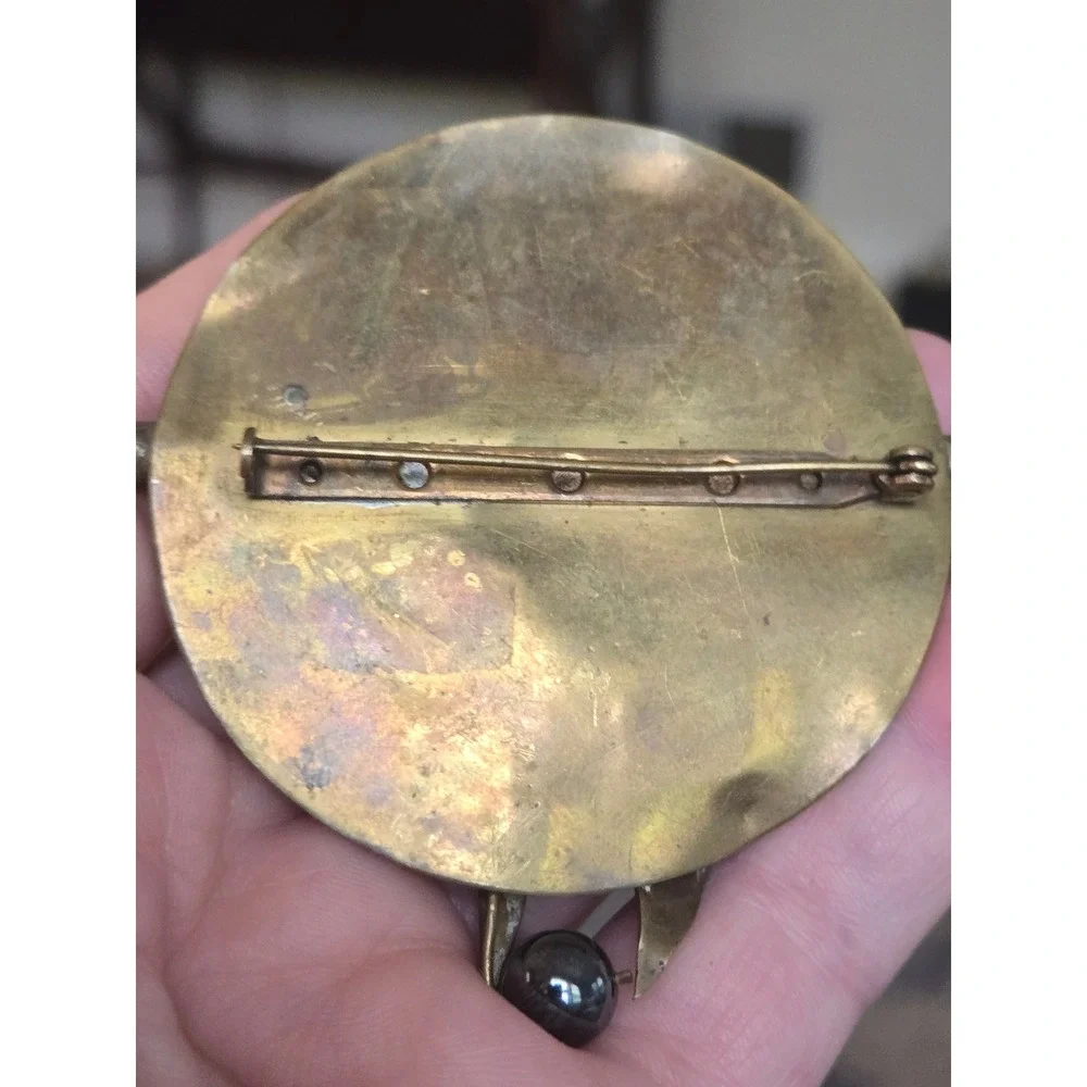 Artisan Brutalist Brass Brooch Amethyst Black Pearl Art Deco or Nouveau Vintage